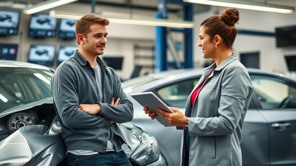 Insurance claims process explained between car owner and adjuster in a repair shop