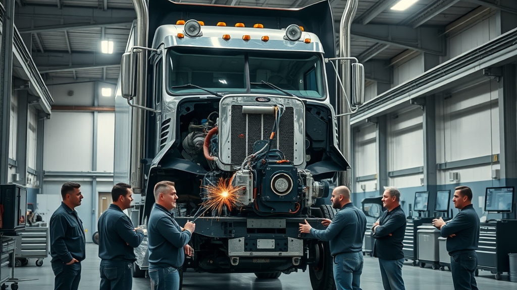 Team performing engine and driveline repair on truck in modern service facility