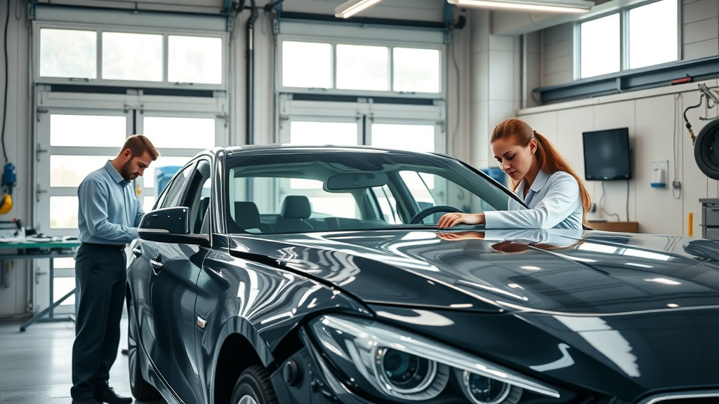Expert technicians performing collision repair on car in state-of-the-art auto body shop.
