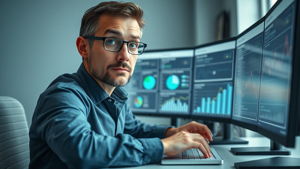 Professional market researcher performing keyword research on dual monitors using digital tools, for improved search engine ranking.