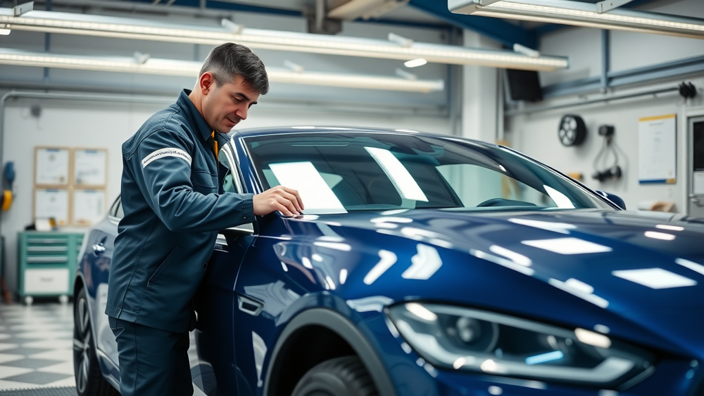 Auto body repair expert inspecting impeccably restored vehicle