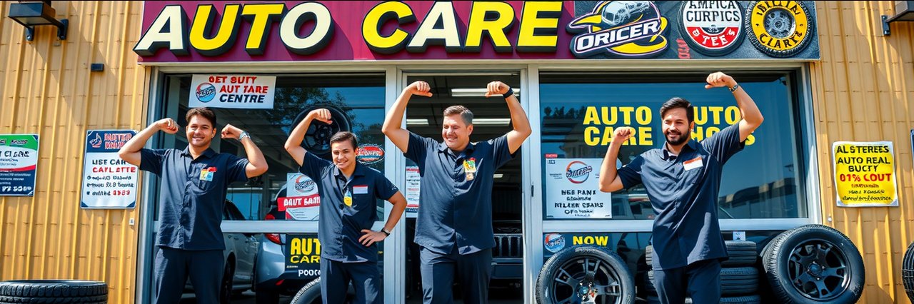 Modern auto care shop with mechanics outside for brake inspection service.