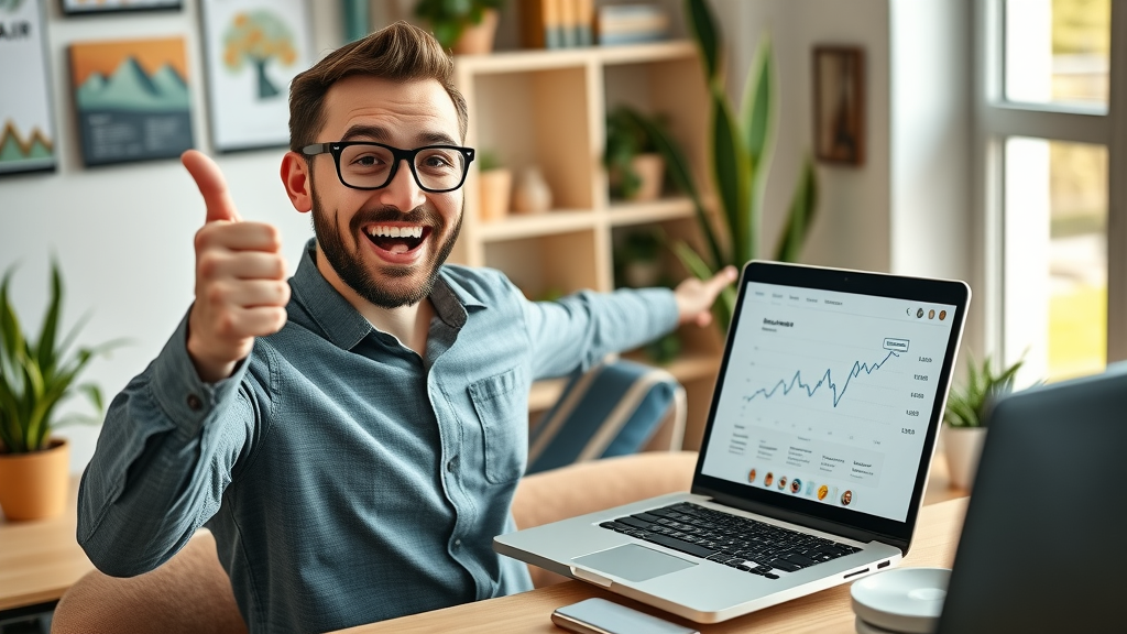 enthusiastic digital marketer celebrating backlink achievement for off-page SEO, laptop displaying link graphs