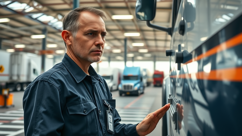 Mechanic inspecting commercial truck during DOT inspection specials