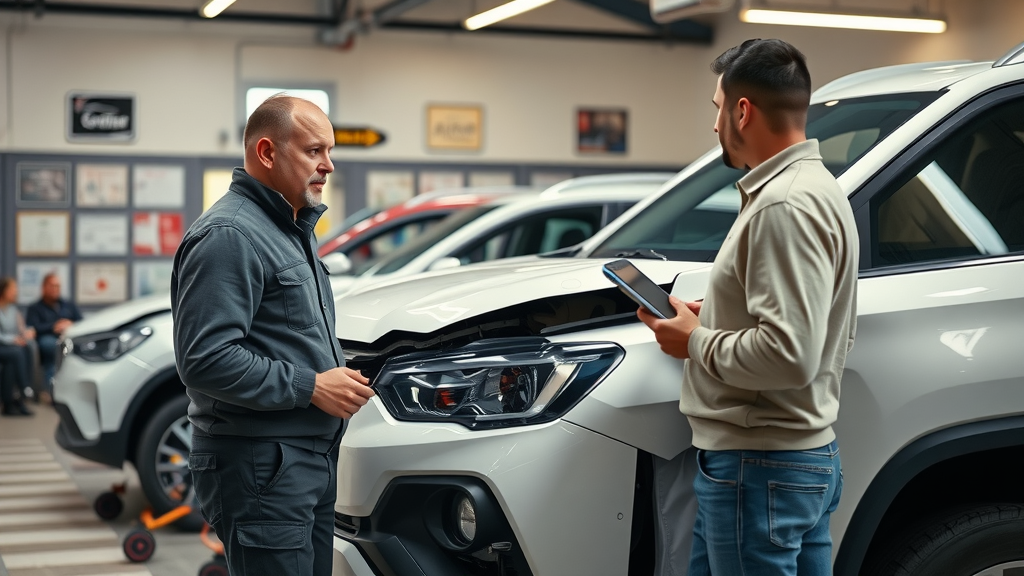 Car owner and technician review collision repair options at modern repair facility.